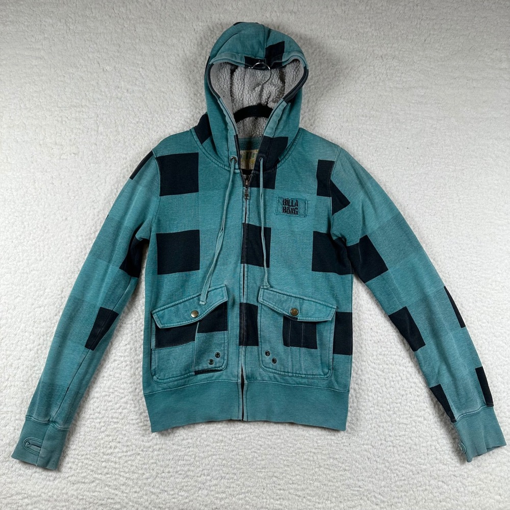 Billabong Hoodie Mens Checkerboard Full Zip Cargo Pocket L Teal Black Y2K Skate